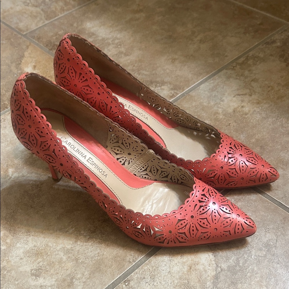 Carolinna Espinosa Coral Laser-Cut Pointed  Heels